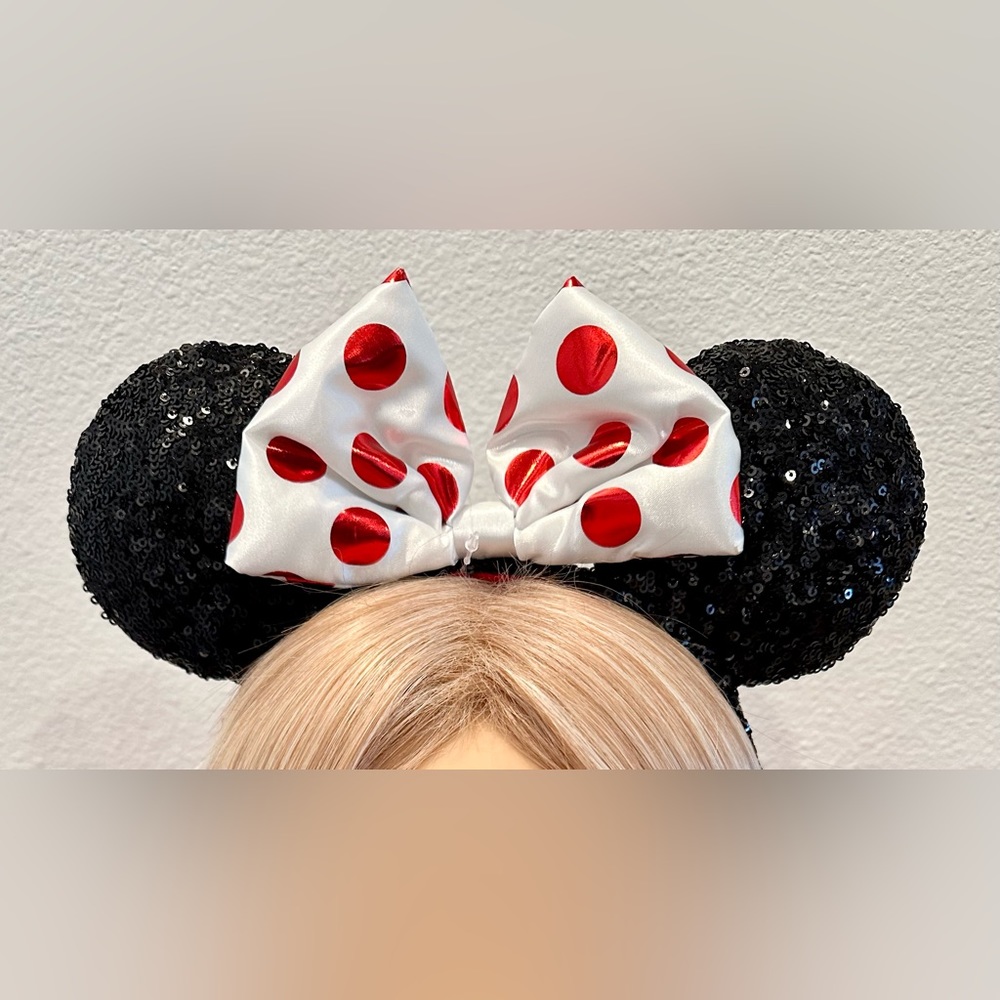 Disney Parks Red Polka-Dot Bow Minnie Mouse Black Sequin Ears Headband ~New~